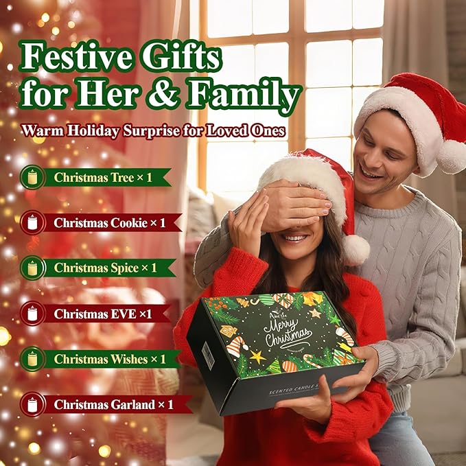 Christmas Candle Gift Set, 6 Pack Holiday Scented Soy Candles for Home, Winter Aromatherapy Candle, Xmas Gift for Women Men, Long Lasting Christmas Tree, Cookie, Spice, Garland, Eve & Wishes Fragrance