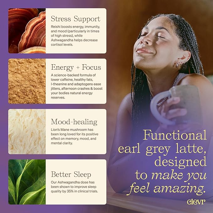 Clevr Blends London Fog Latte, Vegan, Earl Grey Instant Tea Mix, Superfood Powder Blend with Oat Milk, Black Tea, Reishi Mushroom, Organic Spices, Coconut Cream, Ashwagandha, Serve Hot or Iced, 12 oz