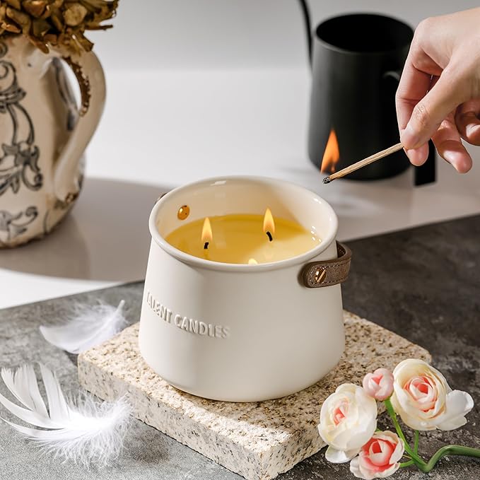 Candles for Home Scented - Scandinavian Style 3 Wick Candle - Long-Lasting Ceramic Candle Jar - Soy Candles Non Toxic with Minimalist Design - Teak Mahogany