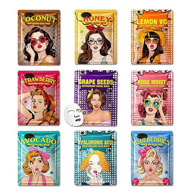 9PCS Hydrating Facial Sheet Mask,Moisturizing Face Masks Skincare Gift Set,Long Lasting Face Mask Skin Care & Facial Mask Kit for All Skin Types 13