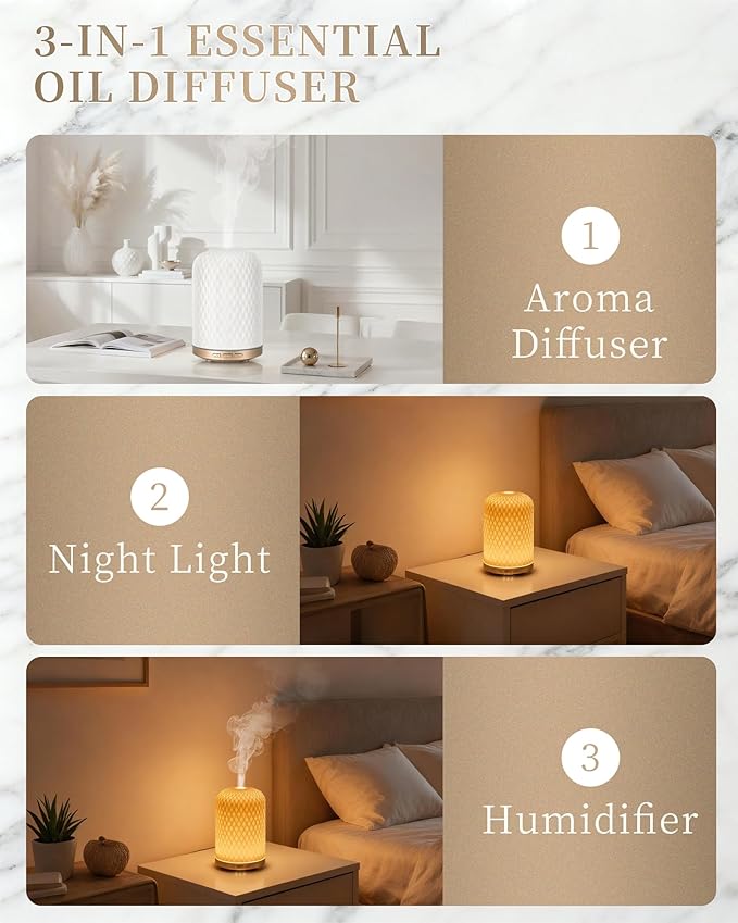 Essential Oil Diffuser,120ML 2.4MHz Ultrasonic Aromatherapy Diffusers for Essential Oils Large Room, Ceramic Diffusers Decorative Aroma Diffuser, Ideal Air Diffusers for Home, Room Decor, Yoga, White