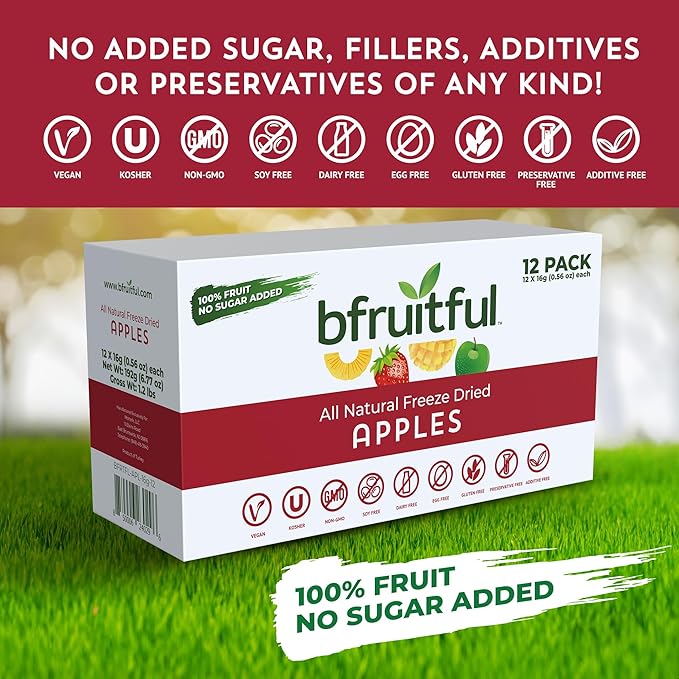 bfruitful Freeze-Dried Apple, Freeze Dried Fresh Fruit Bites, Gluten Free, Vegan, Dairy Free, Kosher, No Sugar Added, Non GMO, Healthy Snacks for Kids or Adults, 0.56 oz Single-Serve Snack Packets, 12 Pack