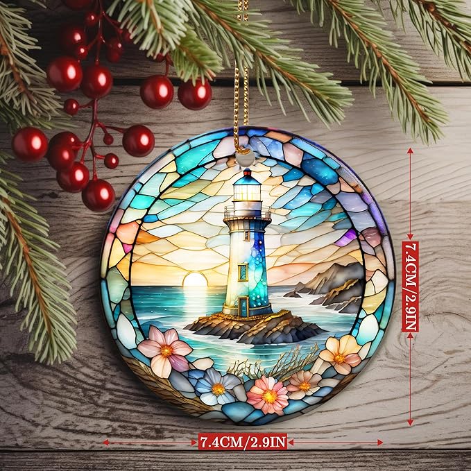 Colorful Ceramic Lighthouse Christmas Ornament for Tree, Holiday Decorations, Christmas Decor, Lighthouse Lovers Gifts, Ornament Gift Ideas