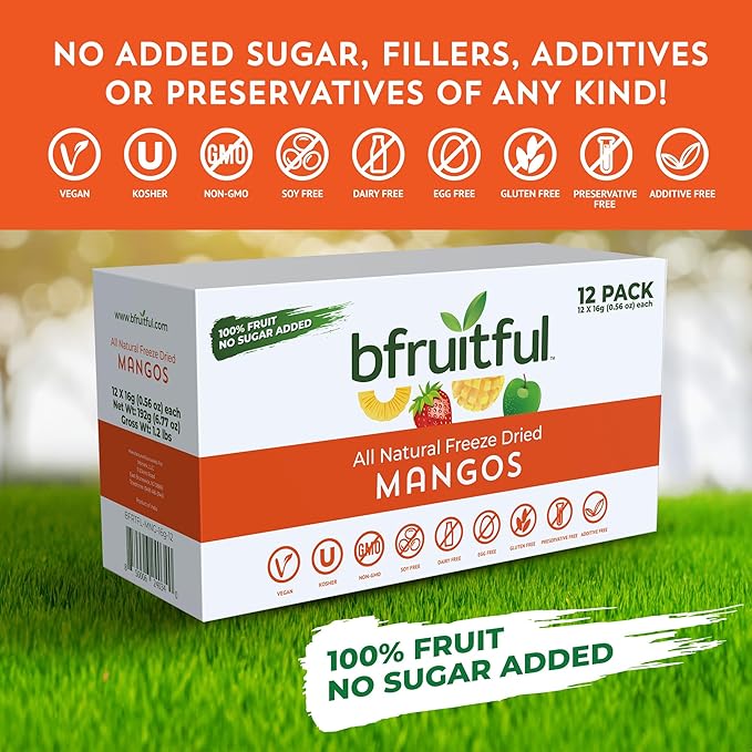 bfruitful Freeze-Dried Mango, Freeze Dried Fresh Fruit Bites, Gluten Free, Vegan, Dairy Free, Kosher, No Sugar Added, Non GMO, Healthy Snacks for Kids or Adults, 0.56 oz Single-Serve Snack Packets, 12 Pack