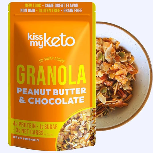 Kiss My Keto Sugar Free Granola, Peanut Butter Chocolate 1-Pack – Curb Cravings with Few Net Carbs – Allulose Sweetened, Resealable & Gluten-Free Crunchy Clusters – Grain Free Granola Great With Yogurt or Milk