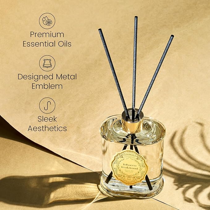 M&SENSE 8.4 oz Large Reed Diffuser for Home |Tobacco Teakwood Scent Home Oil Diffuser with Sticks | Bedroom Bathroom Living Room Decor