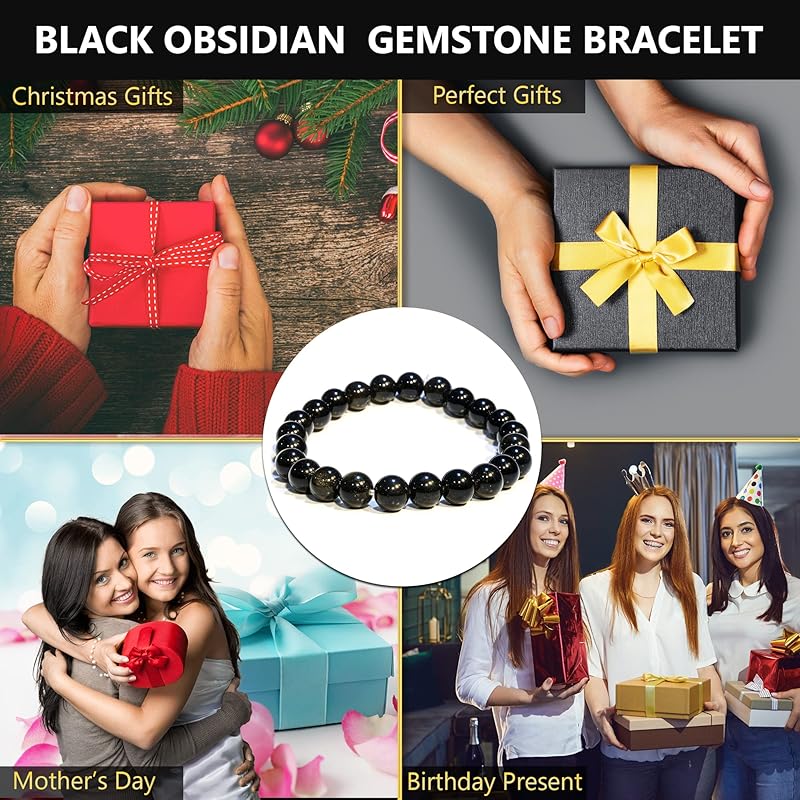 Black Obsidian Bracelet, Natural Healing Crystal Bracelet for Women and Men, 8mm Round Beaded Bracelet for Spiritual, Protection, Positive Energy, Elastic Adjustable Size Gemstone Bead Bracelet