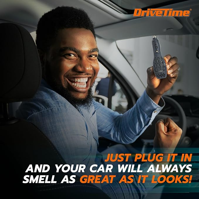 Drive Time Power Fresh Refillable Car Air Freshener – 12V Plug-In Reusable Car Scents Air Enhancer with Long-Lasting Scent Up to 30 Days – Includes 4 Scent Bars – Compact Design - Silver