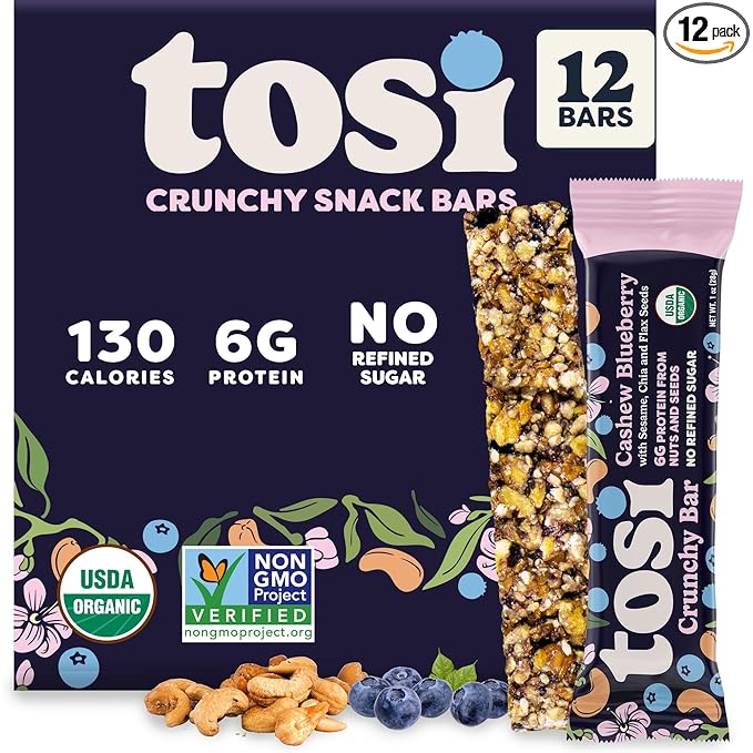 Tosi Cashew Blueberry Protein Bars - Crunchy Nut & Seed Vegan Snack Bars, Gluten Free, 6g Plant Based Protein, Organic Flax, Chia, Sesame Seeds, Omega 3s, Low in Sugar, No Soy - 1 oz, 12-Pack