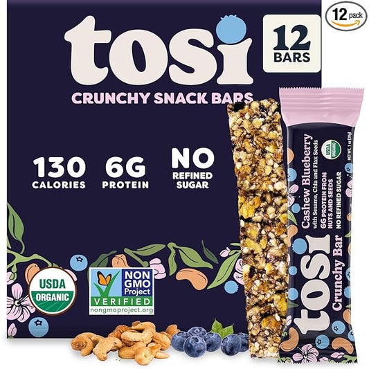 Tosi Cashew Blueberry Protein Bars - Crunchy Nut & Seed Vegan Snack Bars, Gluten Free, 6g Plant Based Protein, Organic Flax, Chia, Sesame Seeds, Omega 3s, Low in Sugar, No Soy - 1 oz, 12-Pack