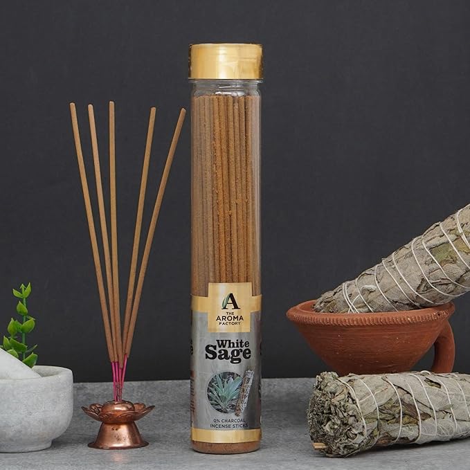 The Aroma Factory White Sage Charcoal Free Incense Stick, Scented Agarbatti, 100% Herbal Premium Aromatherapy, Meditation Prayer Relaxation, Crafted for Luxury Seekers (100g)