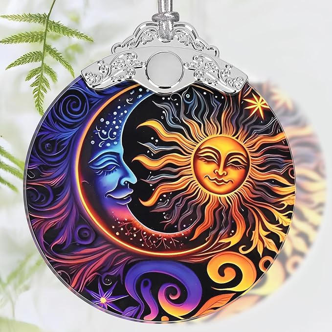 Christmas Ornament, 2025 Ornaments for Christmas Tree, Stained Glass Hanging Ornament, Holiday Ornaments, Unique Gift Idea - Moon Sun
