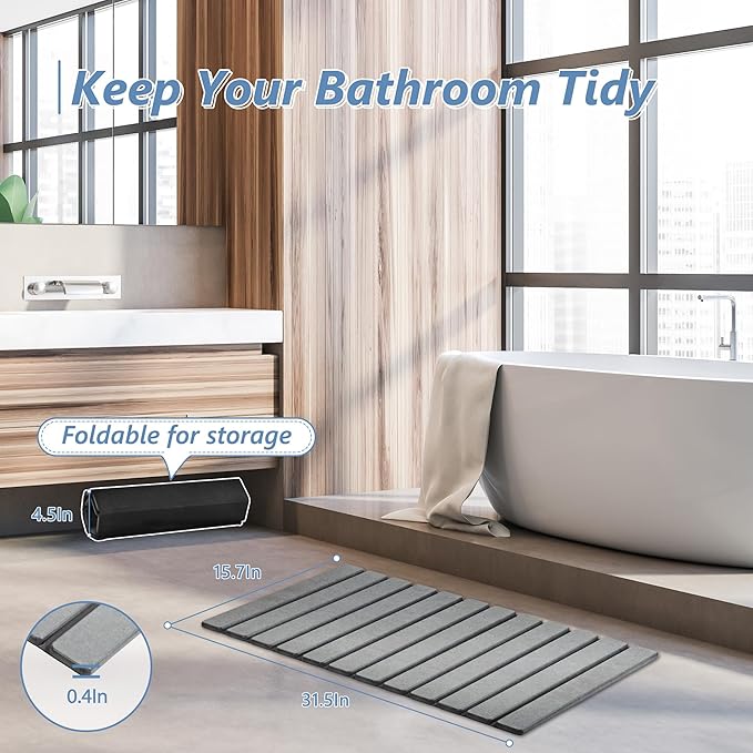 AWW Foldable Stone Bath Mat, Super Absorbent Diatomaceous Earth Mats, Non-Slip 31.5 x 15.7 Inch Quick Drying Mat, Compact and Easy to Store Bath Mats for Bathroom, Easy to Clean, Grey