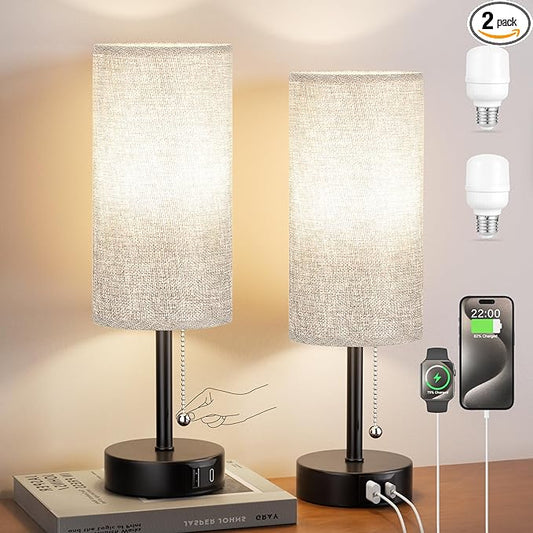 Grey Bedside Lamps for Bedroom Set of 2 - Nightstand Table Lamp with USB A + C Charging Port, 3 Color Temperatures Pull Chain Night Stand Light, Side Table Desk Reading Lamp for Living Room/Dorm Room