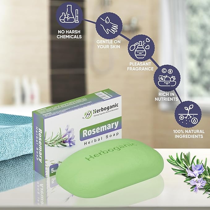 HERBOGANIC Rosemary Herbal Soap | Pack of 6 of 5oz soap Bar | Ideal for Men and Women, Soothing and Nourishing Soap for Moisturization