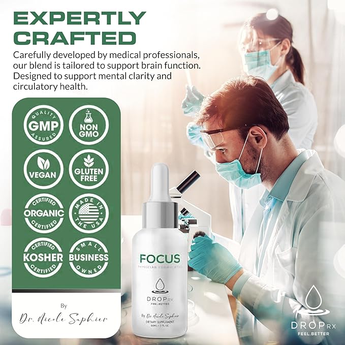 DropRx Focus by Dr. Nicole Saphier – Ginkgo Biloba & Ginseng, Bacopa, Rosemary & Sage for Memory Improvement and Brain Focus – Organic, Non-GMO, Vegan, Gluten-Free, Kosher, Made in USA (2 Fl Oz)