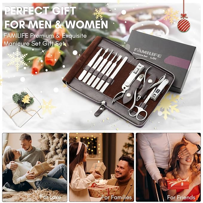 FAMILIFE Manicure Set, Nail Clippers Set Professional Manicure Kit 11 in 1 Stainless Steel Pedicure Tools Nail Kit Mens Grooming Tool with Portable Leather Travel Case Dark Violet Birthday Gifts