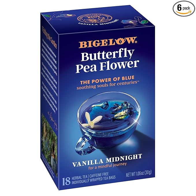 Bigelow Tea Vanilla Midnight Butterfly Pea Flower, Caffeine Free (Pack of 6), 108 Total Tea Bags