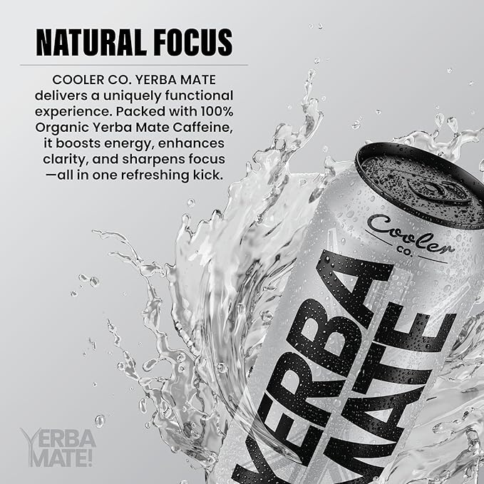 COOLER CO. | YERBA MATE | 12 Pack | 100% Organic Yerba Mate Caffeine | 150 mg Caffeine | 3 Organic Ingredients | Natural Ingredients | No Artificial Colors or Stimulants | Unsweet Flavor
