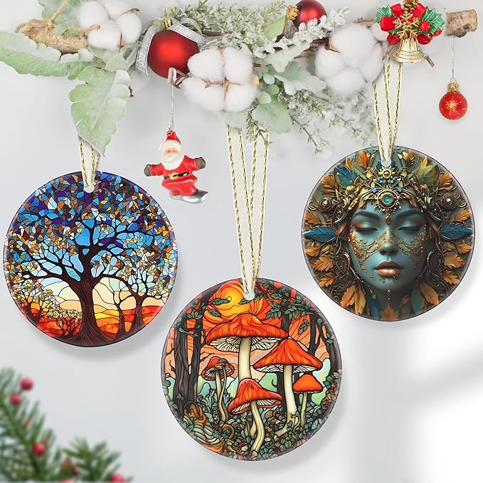 Ceramic Mushroom Christmas Ornament, 3.5 Inch Hanging Decor for Tree, Gift Exchange Present