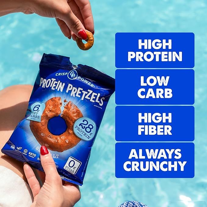 Crisp Power Protein Pretzels, Sea Salt, High Protein Vegan Keto Snack, 28 G Plant Based Protein, Low Carb Crunchy Pretzel Snacks, Sugar Free, No Seed Oils, 1.75 oz Bags, 24 Pack