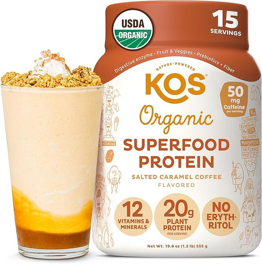 KOS Vegan Protein Powder, Salted Caramel Coffee - Low Carb Pea Protein Blend, Organic Plant Superfood Rich in Vitamins & Minerals - Keto, Dairy Free - Meal Replacement for Women & Men - 15 Servings