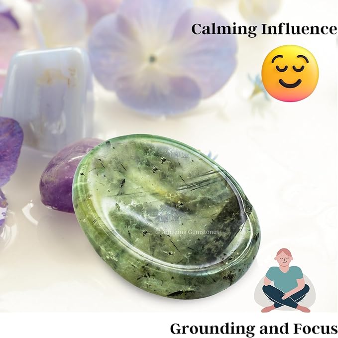 Amazing Gemstone Prehnite Worry Stone, Healing Crystals - Piedra Crystal Fidget for Gift, Meditation, Calming, Relaxation, Stress Relief