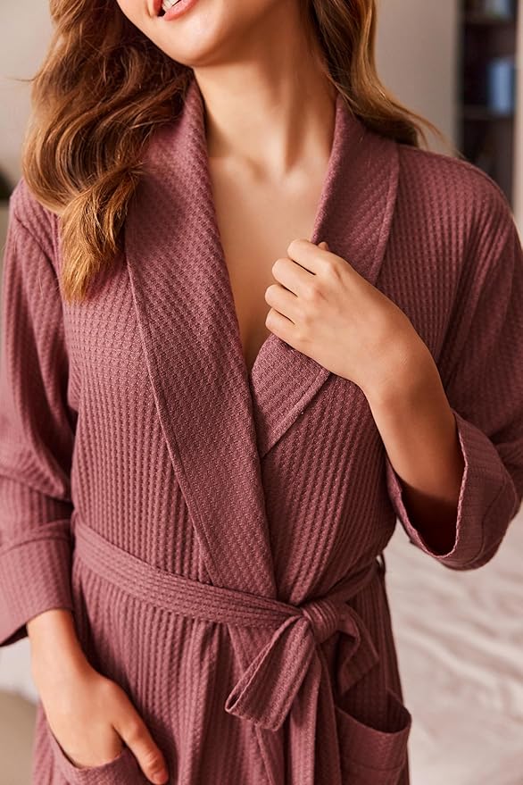 Ekouaer Robes for Women Long Waffle Knit Bathrobe Lightweight Kimono Robe Soft Shawl Collar Spa Robes with Pockets S-XXL