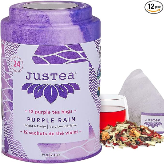 JusTea Purple Rain | Pyramid Compostable Tea Bags | Purple Tea | 12+ Cups | Very Low Caffeine | Award-Winning | Fair Trade | Non-GMO