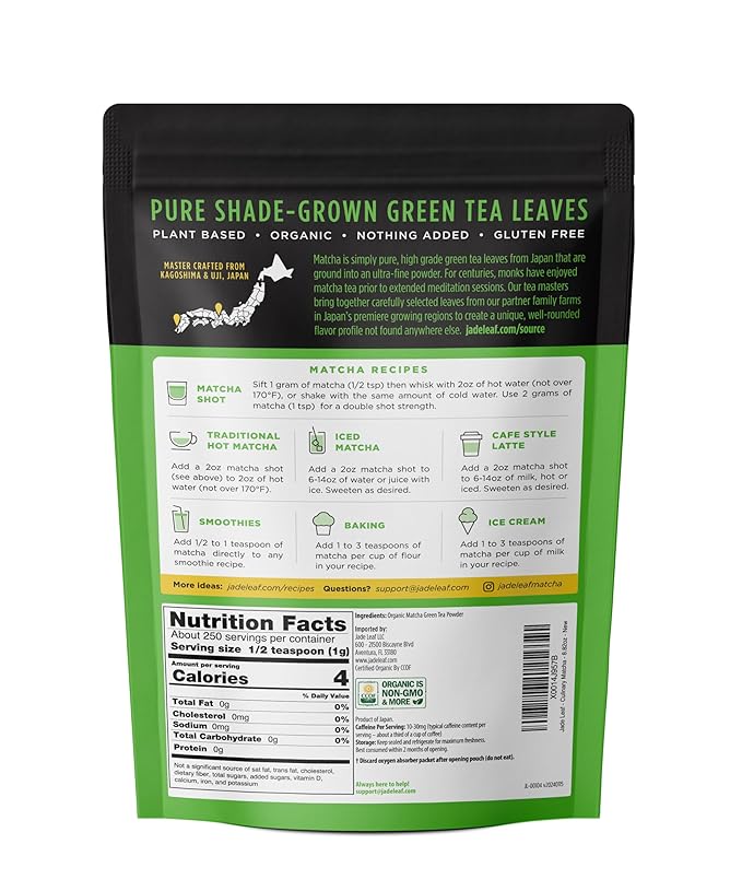 Jade Leaf Matcha Organic Green Tea Powder - Culinary Grade Premium Second Harvest - Authentic Japanese Origin (8.8 Ounce Bulk Resealable Pouch)