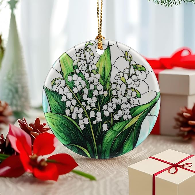 Lily of Valley Flower Ornament – Christmas Decoration & Christmas Ornament; Round Ceramic (Holiday Present, Bauble Present, Gift Idea, and Gift Exchange) | Heirloom Keepsake