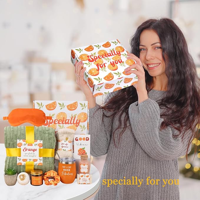 Care Package For Women, Self Care Gifts for Women, Get Well Soon, Orange Fall Themed Gifts for Woman, Relaxation Spa Gift Baskets for Woman, Thinking of You Birthday Gift, Feel Better Self Care Kit