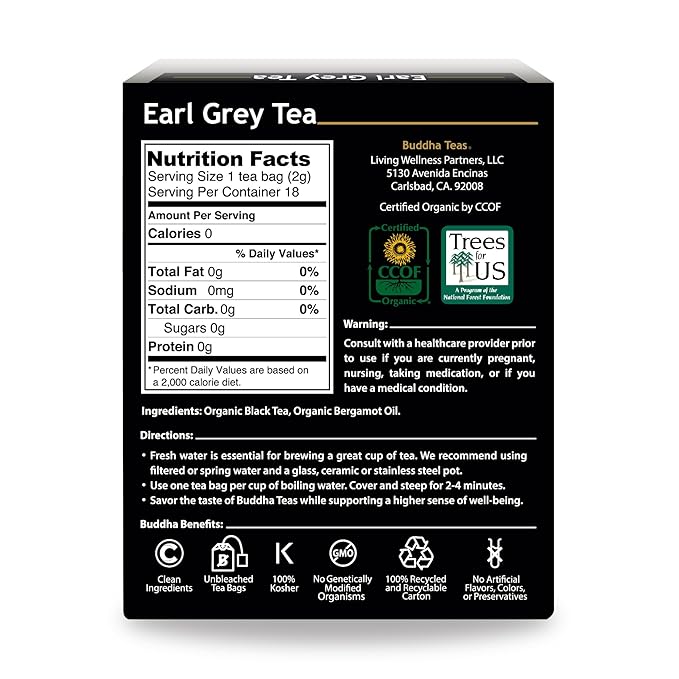 Buddha Teas - Organic Earl Grey Tea - Traditional Black Tea - For Health & Wellbeing - With Antioxidants & Minerals - Clean Ingredients - With Caffeine - OU Kosher & Non-GMO - 18 Tea Bags (Pack of 1)