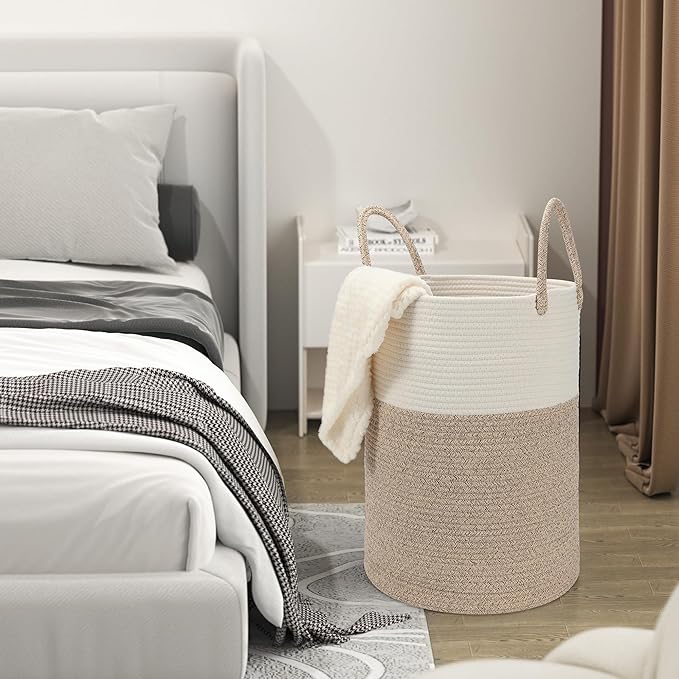 58L Cotton Rope Laundry Basket (20"x15"), Woven Storage Basket for Laundry, Living Room, Nursery, Bedroom, Blankets (White/Brow)