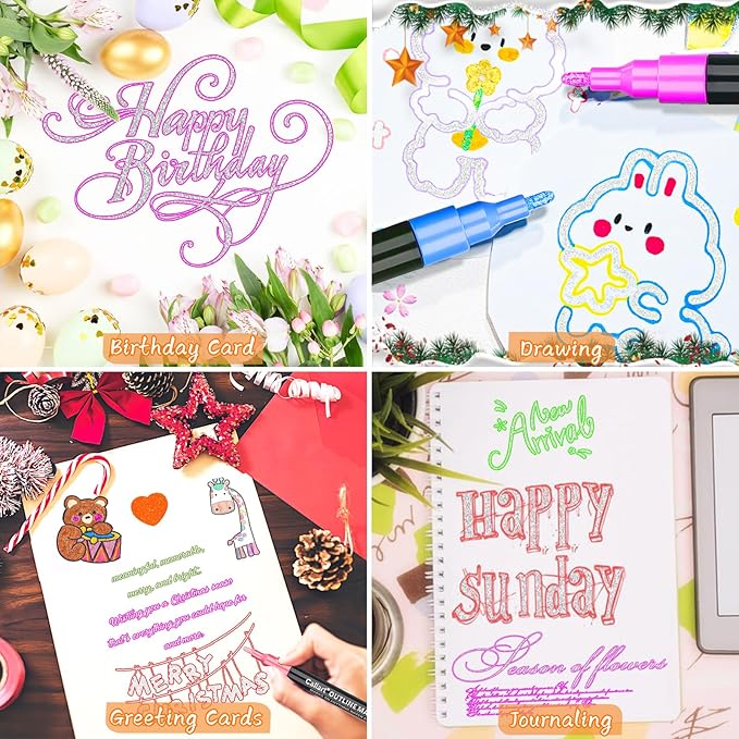 Caliart 24 Colors Outline Glitter Markers, Shimmer Metallic Pens Stocking Stuffers Christmas Gifts Trendy Stuff, Cool Fun Craft Drawing Arts Supplies Set