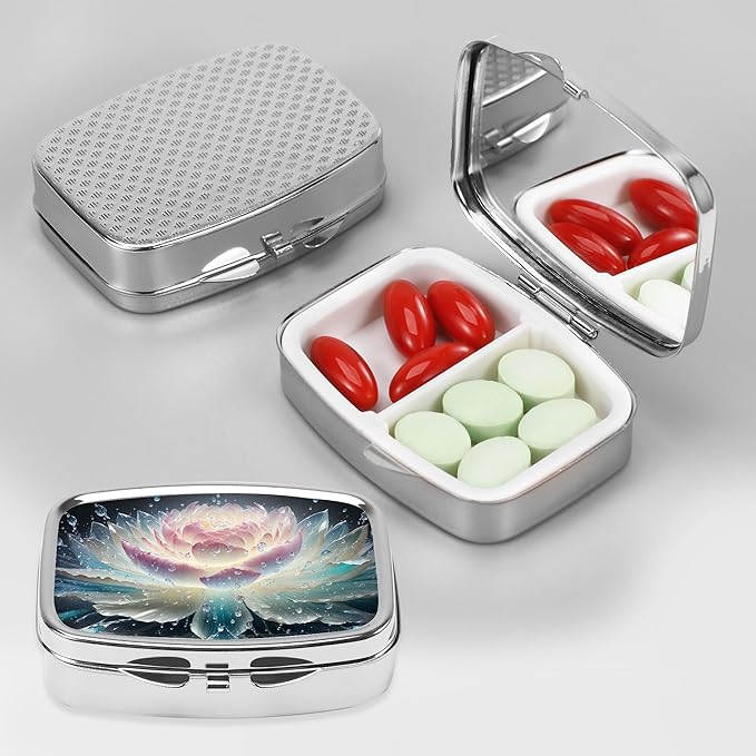 Dynippy Pill Case Pill Box with Mirror Retro Pocket 2 Compartment Medicine Case Vitamin Pill Organizer for Pocket Purse and Travel (Silver- Flower Water)