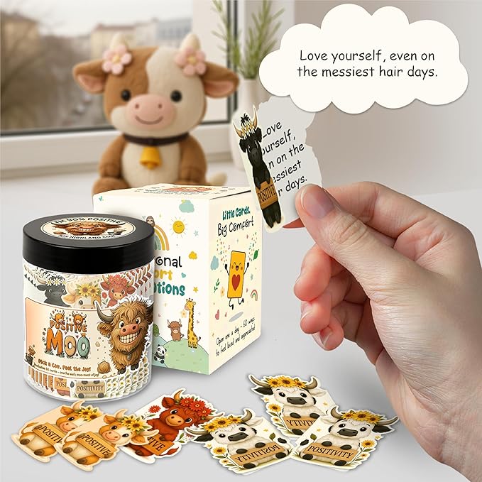 Positive Moo Jar with 60 Affirmation Cards - Emotional Support Moo, Highland Cow Gifts, Highland Cow Decor, Cow Decor, Highland Cow, Highland Cow Gift For Women, Cow Gifts