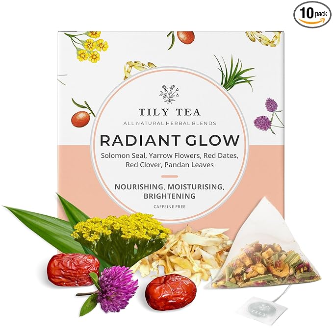 Tily Tea Radiant Glow Herbal Tea - Natural Tea to Support Skin Nourishment - Solomon Seal for A Glowing Complexion - Caffeine Free - 10 Plastic-Free Tea Bags