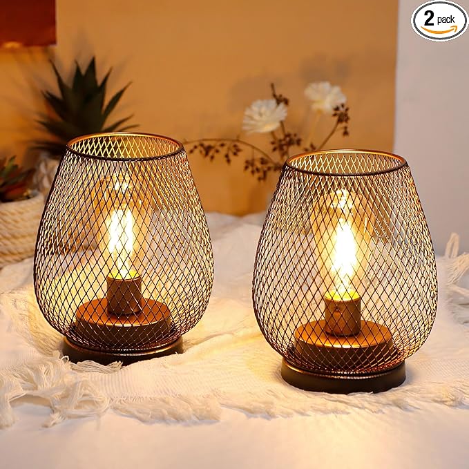 JHY DESIGN Set of 2 Metal Cage LED Lantern Battery Powered Cordless Accent Light with LED and 6-Hours Timer Great for Weddings Parties Patio Events for Indoors Outdoors