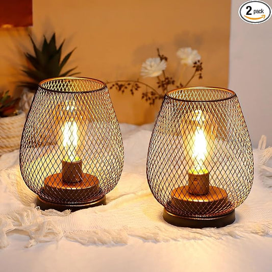 JHY DESIGN Set of 2 Metal Cage LED Lantern Battery Powered Cordless Accent Light with LED and 6-Hours Timer Great for Weddings Parties Patio Events for Indoors Outdoors