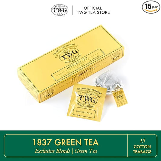 TWG Tea | 1837 Green Tea | Green Tea | Strawberry & Caramel | 15 Hand Sewn Cotton Tea Bags | Gift Set