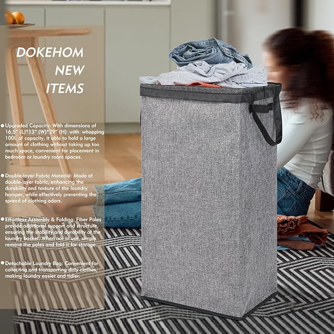 DOKEHOM 100L Laundry Basket with Lid and Removable Laundry Bags, Large Collapsible Laundry Hamper for Bedroom, Bathroom, Laundry Room, Colloge (Grey)