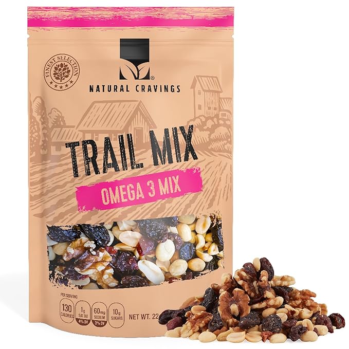 Natural Cravings 22oz Trail Mix Bulk Family Size Bag - Omega 3 Dried Fruit Mix & Assorted Nuts Mix with Dry Cranberries, Peanuts, Raisins & Walnuts - Gourmet Trailmix for School, Office, Outdoor Fun