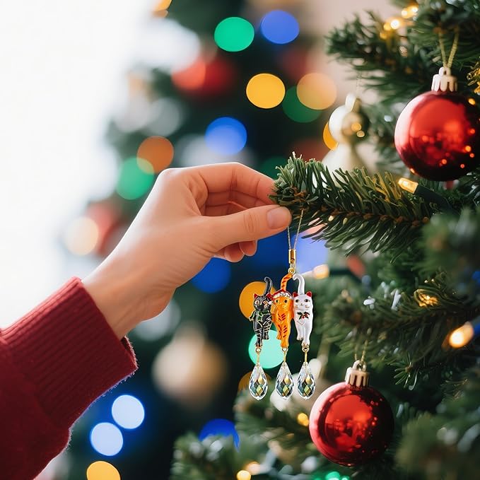 H&D HYALINE & DORA 6 Pack Cat Christmas Tree Ornament 5.5'' Crystal Glass Christmas Hanging Ornaments Pet Decorations for Tree and Car Suncatcher Gifts for Cat Lovers