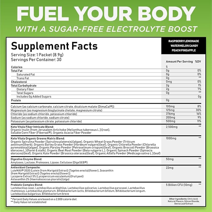 Keto Vitals Keto Electrolytes Plus Greens Superfood Powder Packets - 30 Servings Super Greens Powder Packets with Sugar Free Electrolytes for Hydration, Gut Health & Digestion - Organic Green Blend