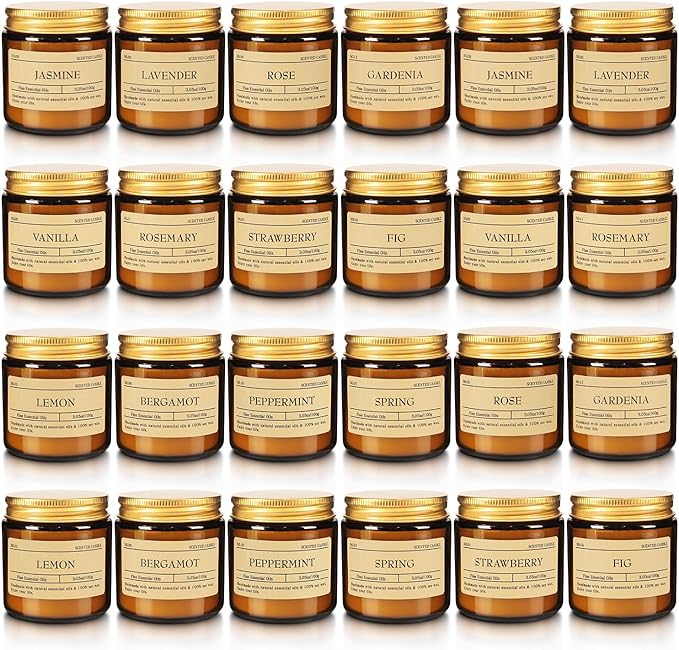 24-Pack Scented Candle Gift Box - 12 scents to Choose from (Rose/Lavender/Lemon/Vanilla), Natural Soy Wax - Birthday, Halloween and Christmas