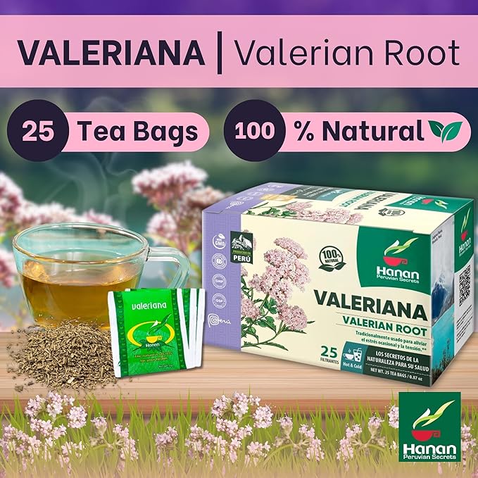Hanan Valerian Root Tea for Bedtime 25 Bags - Te de Valeriana, Herbal Calming Night Tea - 100% Pure, Caffeine-Free, Non-GMO, Herb from Peru