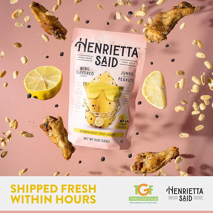 Henrietta Said Wing-Flavored Peanuts - Truly Good Foods Snacking Nuts - Bold Flavors - Savory & Spicy - Jumbo Flavored Peanuts - Protein Packed Vegan Snack - 4 (5-oz) Packs - Lemon Pepper