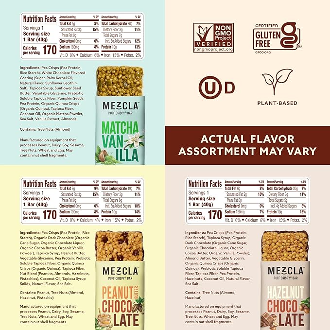 Mezcla Puff Crispy Protein Bars, Gluten Free & Vegan Protein Bars, 10g Protein, Alt for Crispy Rice Treat, Granola Bars & Breakfast Bars, Healthy Snacks for Adults, Variety Pack, 8 Count