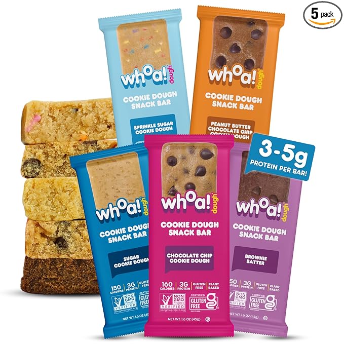 Whoa Dough Edible Cookie Dough Bars- Certified Non-GMO, Kosher and Gluten Free Bars - Healthy Snack Foods - Plant Based Snacks - Real Ingredients - Variety Pack (5 Bars)
